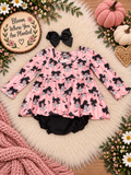 Pink Halloween baby romper with ghotsts, bow and bat print for girls